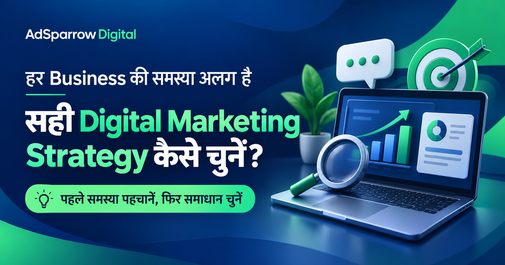 सही Digital Marketing Strategy चुनने के लिए लैपटॉप, मार्केटिंग चार्ट और लक्ष्य का चित्र