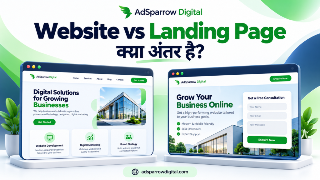 Website और Landing Page में अंतर दिखाते वेबसाइट और इन्क्वायरी फॉर्म के उदाहरण